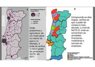 Onde
predomina a
agricultura, de
um modo geral
no Interior do
país e no
Alentejo, é
onde se verifica
o menor poder
de compra por
NUTS em
2011.

Comparando os dois
mapas, verifica-se
que o poder de
compra é mais
elevado, a nível de
NUTS III, onde se
concentram as
atividades
financeiras,
imobiliárias e
serviços às
empresas.

 
