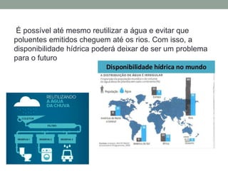 É possível até mesmo reutilizar a água e evitar que
poluentes emitidos cheguem até os rios. Com isso, a
disponibilidade hídrica poderá deixar de ser um problema
para o futuro