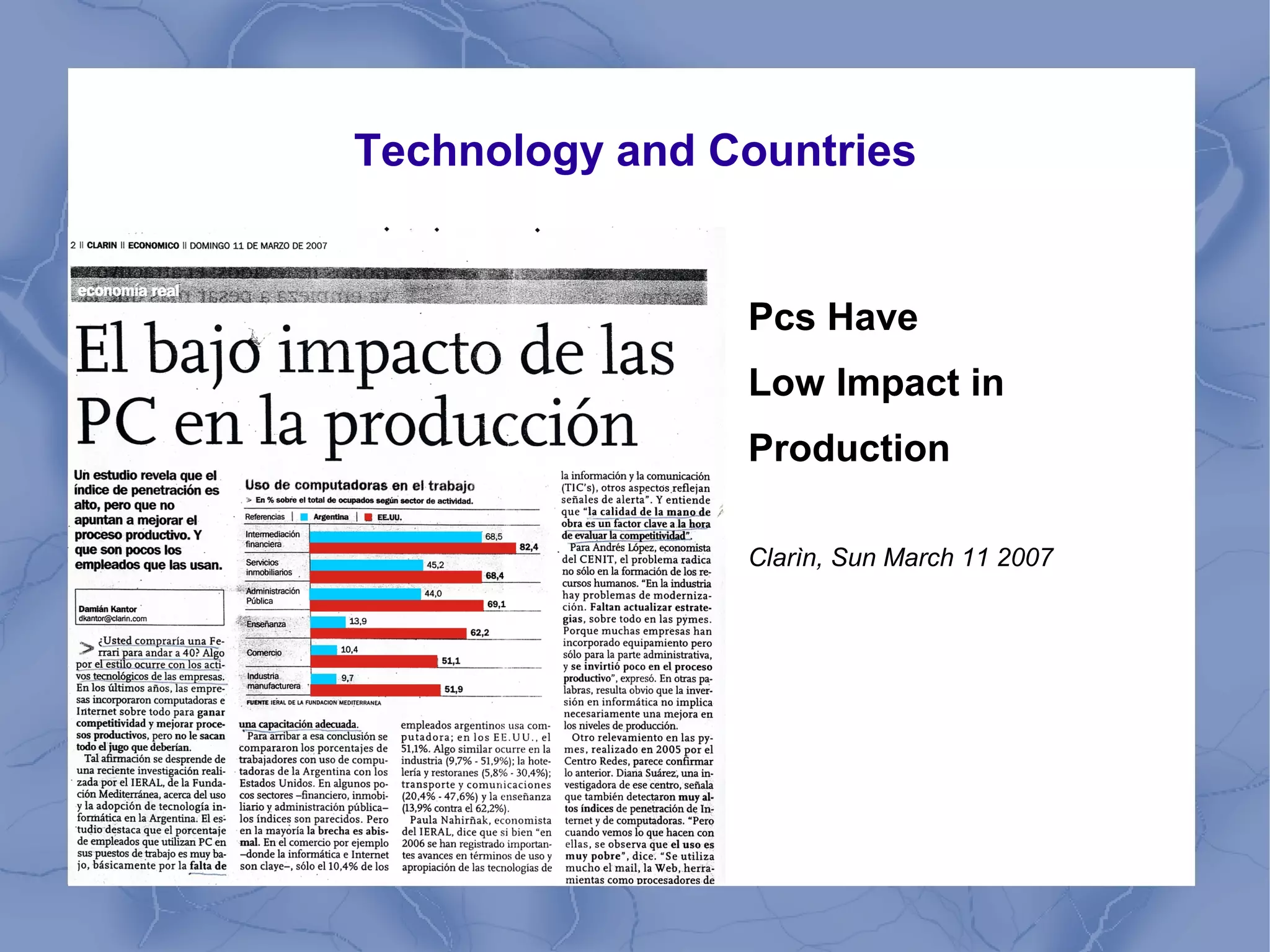 Technology and Countries
Pcs Have
Low Impact in
Production
Clarìn, Sun March 11 2007
 