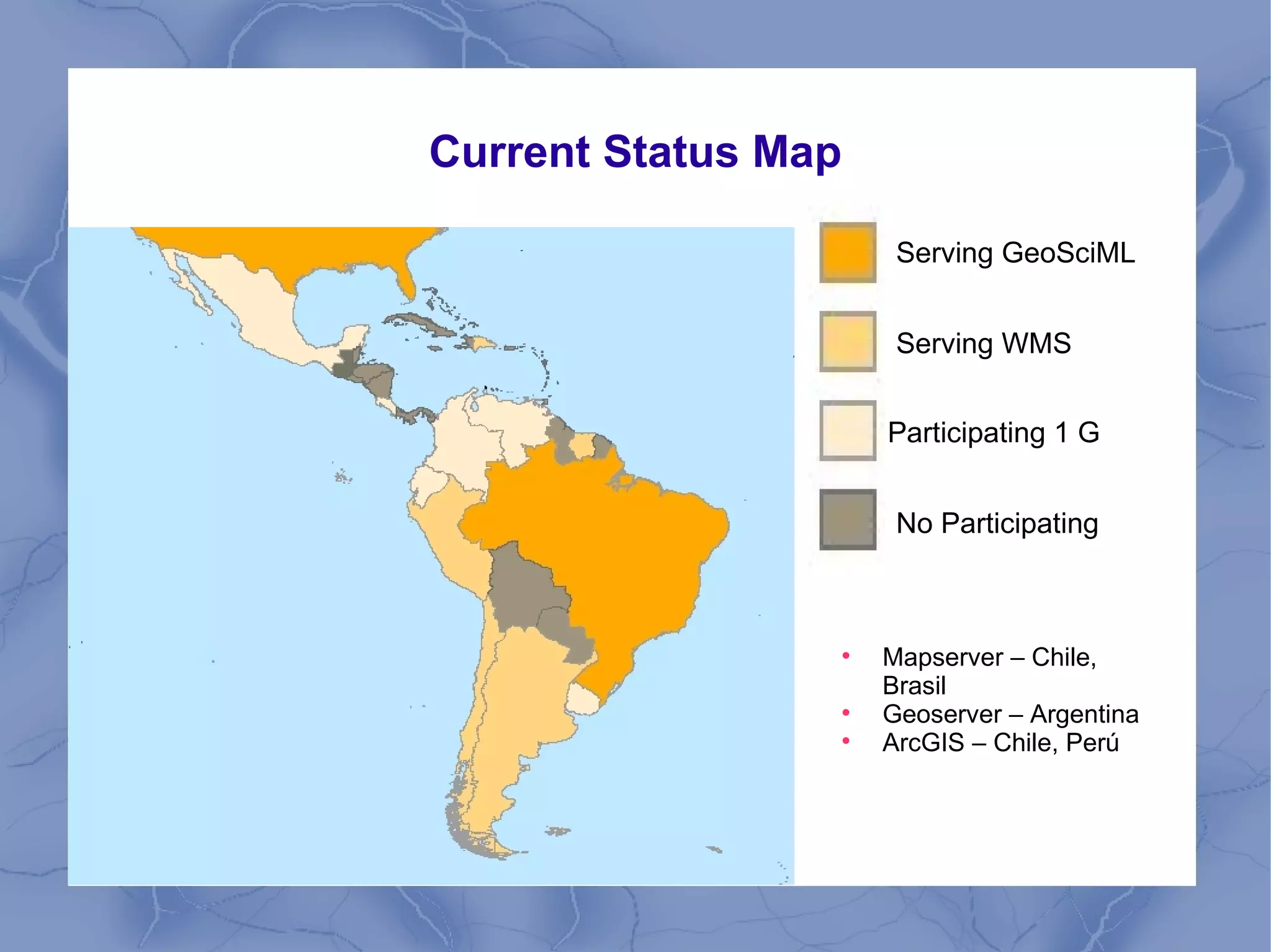 Current Status Map
Serving GeoSciML
Serving WMS
Participating 1 G
No Participating

Mapserver – Chile,
Brasil

Geoserver – Argentina

ArcGIS – Chile, Perú
 