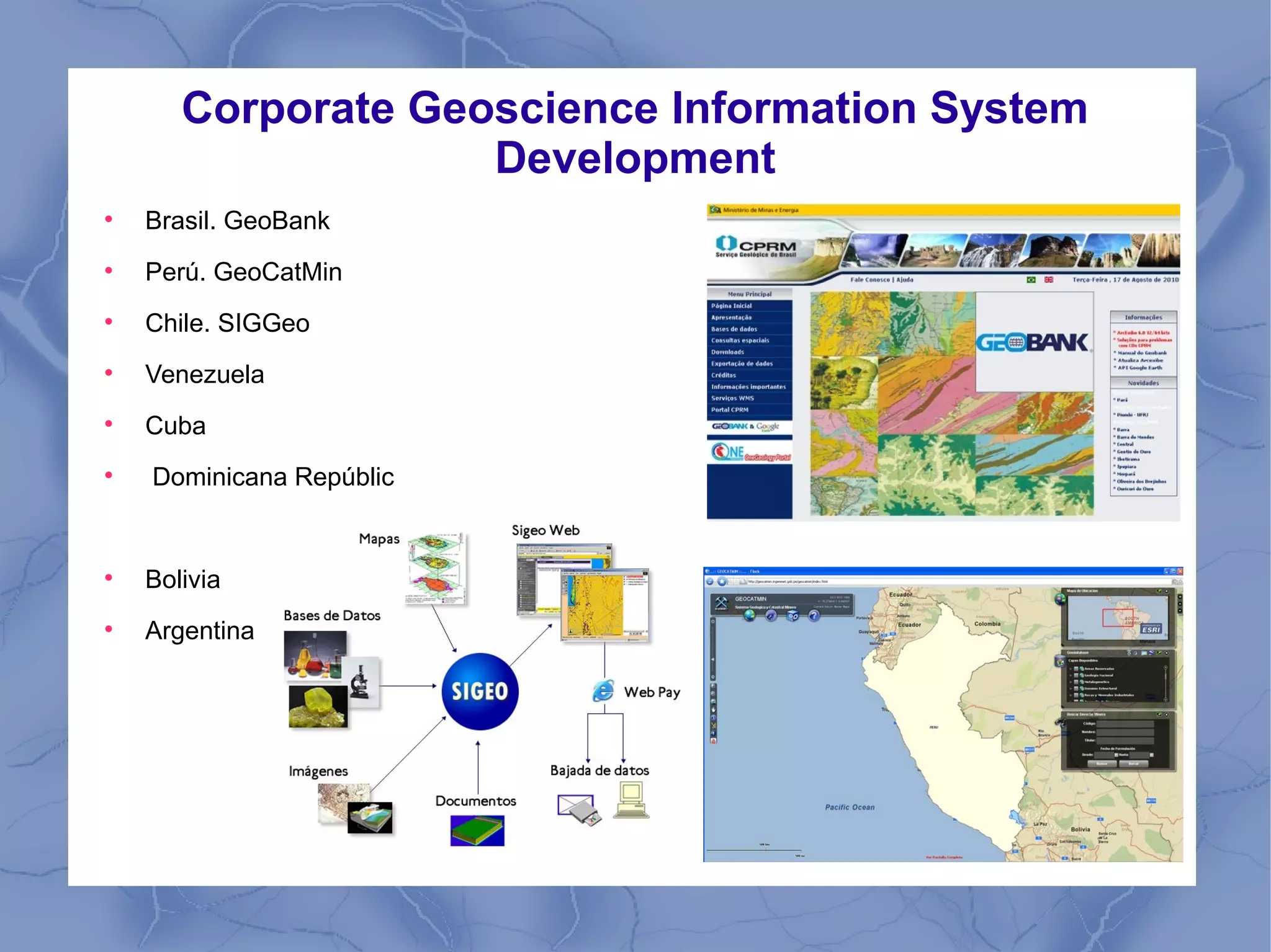 Corporate Geoscience Information System
Development

Brasil. GeoBank

Perú. GeoCatMin

Chile. SIGGeo

Venezuela

Cuba

Dominicana Repúblic

Bolivia

Argentina
 