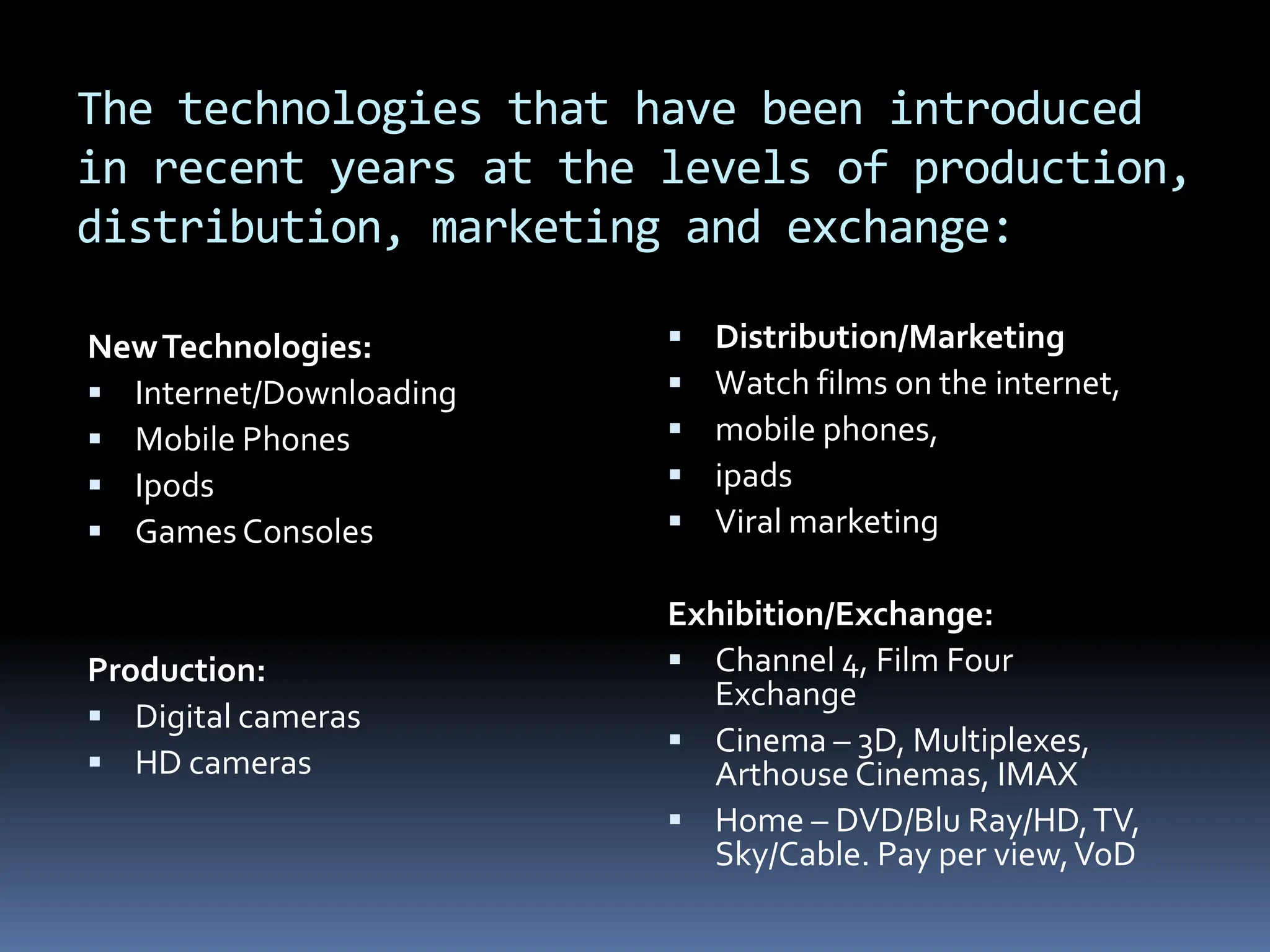 The technologies that have been introduced
in recent years at the levels of production,
distribution, marketing and exchange:

New Technologies:           Distribution/Marketing
 Internet/Downloading      Watch films on the internet,
 Mobile Phones             mobile phones,
 Ipods                     ipads
 Games Consoles            Viral marketing

                         Exhibition/Exchange:
Production:               Channel 4, Film Four
                           Exchange
 Digital cameras
                          Cinema – 3D, Multiplexes,
 HD cameras               Arthouse Cinemas, IMAX
                          Home – DVD/Blu Ray/HD, TV,
                           Sky/Cable. Pay per view, VoD
 