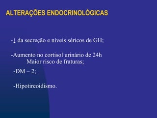 ALTERAÇÕES ENDOCRINOLÓGICAS
-↓ da secreção e níveis séricos de GH;
-Aumento no cortisol urinário de 24h
Maior risco de fraturas;
-DM – 2;
-Hipotireoidismo.
 