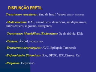 DISFUNÇÃO ERÉTIL
-Transtornos neurologicos: AVC, Epilepsia Temporal;
-Enfermidades Sistemicas: IRA, DPOC, ICC,Cirrose, Ca;
-Psiquicas: Depressão
Transtornos vasculares :Sind da Insuf. Venosa (causa + frequente);
-Medicamentos: HAS, ansiolíticos, diuréricos, antidepressivos,
antipsicóticos, digoxina, estrógenos;
-Transtornos Metabólicos /Endocrinos: Dç da tiróide, DM;
-Tóxicos: Álcool, tabagismo;
 