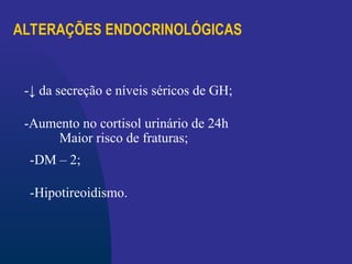 ALTERAÇÕES ENDOCRINOLÓGICAS
-↓ da secreção e níveis séricos de GH;
-Aumento no cortisol urinário de 24h
Maior risco de fraturas;
-DM – 2;
-Hipotireoidismo.
 