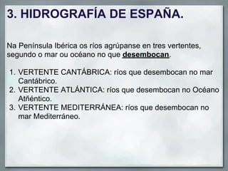 3. HIDROGRAFÍA DE ESPAÑA.

Na Península Ibérica os ríos agrúpanse en tres vertentes,
segundo o mar ou océano no que desembocan.

1. VERTENTE CANTÁBRICA: ríos que desembocan no mar
   Cantábrico.
2. VERTENTE ATLÁNTICA: ríos que desembocan no Océano
   Atñéntico.
3. VERTENTE MEDITERRÁNEA: ríos que desembocan no
   mar Mediterráneo.
 
