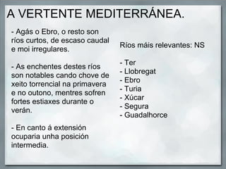 A VERTENTE MEDITERRÁNEA.
- Agás o Ebro, o resto son
ríos curtos, de escaso caudal
                                Ríos máis relevantes: NS
e moi irregulares.
                                - Ter
- As enchentes destes ríos
                                - Llobregat
son notables cando chove de
                                - Ebro
xeito torrencial na primavera
                                - Turia
e no outono, mentres sofren
                                - Xúcar
fortes estiaxes durante o
                                - Segura
verán.
                                - Guadalhorce
- En canto á extensión
ocuparia unha posición
intermedia.
 