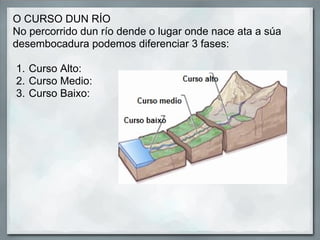 O CURSO DUN RÍO
No percorrido dun río dende o lugar onde nace ata a súa
desembocadura podemos diferenciar 3 fases:

1. Curso Alto:
2. Curso Medio:
3. Curso Baixo:
 