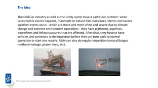 The idea
The Oil&Gas industry as well as the utility sector have a particular problem: when
catastrophic events happens, manmade or natural like hurricanes, storms and severe
weather events occur - which are more and more often and severe due to climate
change and extreme environment operations - they have platforms, pipelines,
powerlines and infrastrucutures that are affected. After that, they have to have
vehicles and surveyors to do inspection before they can turn back to normal
operation or start any repairs. ASAv can also do regular inspection (natural/biogas
methane leakage, power lines, etc).
 