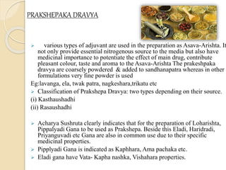 PRAKSHEPAKA DRAVYA
 various types of adjuvant are used in the preparation as Asava-Arishta. It
not only provide essential nitrogenous source to the media but also have
medicinal importance to potentiate the effect of main drug, contribute
pleasant colour, taste and aroma to the Asava-Arishta The prakeshpaka
dravya are coarsely powdered & added to sandhanapatra whereas in other
formulations very fine powder is used
Eg:lavanga, ela, twak patra, nagkeshara,trikatu etc
 Classification of Prakshepa Dravya: two types depending on their source.
(i) Kasthaushadhi
(ii) Rasaushadhi
 Acharya Sushruta clearly indicates that for the preparation of Loharishta,
Pippalyadi Gana to be used as Prakshepa. Beside this Eladi, Haridradi,
Priyanguvadi etc Gana are also in common use due to their specific
medicinal properties.
 Pipplyadi Gana is indicated as Kaphhara, Ama pachaka etc.
 Eladi gana have Vata- Kapha nashka, Vishahara properties.
 