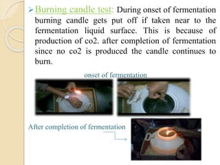 Burning candle test: During onset of fermentation
burning candle gets put off if taken near to the
fermentation liquid surface. This is because of
production of co2. after completion of fermentation
since no co2 is produced the candle continues to
burn.
onset of fermentation
After completion of fermentation
 