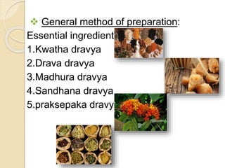  General method of preparation:
Essential ingredients
1.Kwatha dravya
2.Drava dravya
3.Madhura dravya
4.Sandhana dravya
5.praksepaka dravya
 