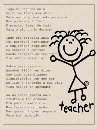 Logo na segunda aula um filme fomos assistir  Para em um aprendizado prazeroso Nós podermos influir É preciso fazer de tudo Para o aluno não dormir! Indo pra terceira aula Foi possível continuar A explicação seguinte De maneira a cativar Dando exemplos da realidade Pra melhor assimilar Sobre esse assunto Ausubel(1980) vem dizer  Que toda aprendizagem  Significativa tem que ser Se ligo o conteúdo a sua vida Fica melhor de aprender Ja na nossa quarta aula Prestem muita atenção Era para o exercício Nós fazermos correção Mas quase ninguém respondeu Para sua decepção 