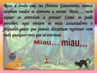 Reza a lenda que, na floresta Gatarrante, nunca nenhum roedor se atrevera a entrar. Mais…, nem sequer se atreviam a pensar! Como se pode perceber, aqui viviam os mais assustadores e felpudos gatos que jamais deixariam regressar com vida qualquer rato que aí entrasse.Miau…miau…