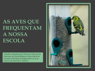 AS AVES QUE FREQUENTAM A NOSSA ESCOLA Trabalho realizado pelo Clube de Ciências da Natureza da Escola Básica e Secundária de Canelas (Vila Nova de Gaia) entre os anos lectivos de 2007/08 e 2009/10 