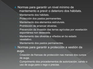 4. Normas para garantir un nivel mínimo de
mantemento e previr o deterioro dos hábitats.
 Mantemento dos hábitats.
 Protección dos pastos permanentes.
 Mantemento dos elementos estruturais.
 Prohibición de arrancar oliveiras.
 Prevención da invasión das terras agrícolas por vexetación
espontánea non desexada.
 Mantemento das oliveiras e viñedos en bo estado
vexetativo.
 Mantemento dos pastos permanentes.
5. Normas para garantir a protección e xestión da
auga.
 Creación de franxas de protección nas marxes dos cursos
de auga.
 Cumprimento dos procedementos de autorización, cando o
uso de auga para o rego o precise.
 