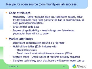 625 Jan 2006
Recipe for open source (comm/unity/ercial) success
 Code attributes
– Modularity - Easier to build plug-ins, facilitates casual, drive-
by development/bug fixes (Lowers the bar to contribution, as
does good documentation)
– Great initial code base
– Degree of applicability - Need a large user/developer
population from which to draw
 Market attributes
– Significant consolidation around 2-3 “gorillas”
– Multi-billion dollar ($2B+ industry with
~ Steep license costs
~ Trend toward services/maintenance revenues (50%+)
– Feature creep - Small subset of features actually required
– Complex technology such that buyers will pay for open source
 