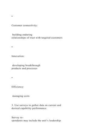 •
Customer connectivity:
building enduring
relationships of trust with targeted customers
•
Innovation:
developing breakthrough
products and processes
•
Efficiency:
managing costs
3. Use surveys to gather data on current and
desired capability performance.
Survey re-
spondents may include the unit’s leadership
 
