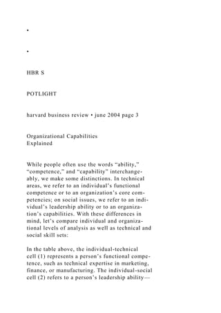 •
•
HBR S
POTLIGHT
harvard business review • june 2004 page 3
Organizational Capabilities
Explained
While people often use the words “ability,”
“competence,” and “capability” interchange-
ably, we make some distinctions. In technical
areas, we refer to an individual’s functional
competence or to an organization’s core com-
petencies; on social issues, we refer to an indi-
vidual’s leadership ability or to an organiza-
tion’s capabilities. With these differences in
mind, let’s compare individual and organiza-
tional levels of analysis as well as technical and
social skill sets:
In the table above, the individual-technical
cell (1) represents a person’s functional compe-
tence, such as technical expertise in marketing,
finance, or manufacturing. The individual-social
cell (2) refers to a person’s leadership ability—
 