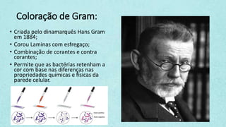 Coloração de Gram:
• Criada pelo dinamarquês Hans Gram
em 1884;
• Corou Laminas com esfregaço;
• Combinação de corantes e contra
corantes;
• Permite que as bactérias retenham a
cor com base nas diferenças nas
propriedades químicas e físicas da
parede celular.
 