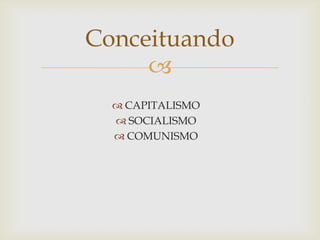 Conceituando
     
   CAPITALISMO
   SOCIALISMO
   COMUNISMO
 