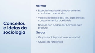 Conceitos
e ideias da
sociologia
Normas
• Expectativas sobre comportamentos
corretos ou adequados
• Valores estabelecidos, leis, expectativas,
comportamentos aceitáveis
• Normas que podem ser barreiras para
produtos
Grupos
• Grupos sociais primários e secundários
• Grupos de referência
 