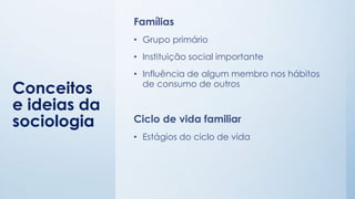 Conceitos
e ideias da
sociologia
Famílias
• Grupo primário
• Instituição social importante
• Influência de algum membro nos hábitos
de consumo de outros
Ciclo de vida familiar
• Estágios do ciclo de vida
 