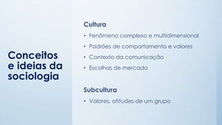 Conceitos
e ideias da
sociologia
Cultura
• Fenômeno complexo e multidimensional
• Padrões de comportamento e valores
• Contexto da comunicação
• Escolhas de mercado
Subcultura
• Valores, atitudes de um grupo
 