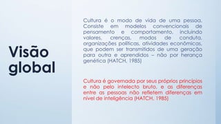 Visão
global
Cultura é o modo de vida de uma pessoa.
Consiste em modelos convencionais de
pensamento e comportamento, incluindo
valores, crenças, modos de conduta,
organizações políticas, atividades econômicas,
que podem ser transmitidos de uma geração
para outra e aprendidos – não por herança
genética (HATCH, 1985)
Cultura é governada por seus próprios princípios
e não pelo intelecto bruto, e as diferenças
entre as pessoas não refletem diferenças em
nível de inteligência (HATCH, 1985)
 