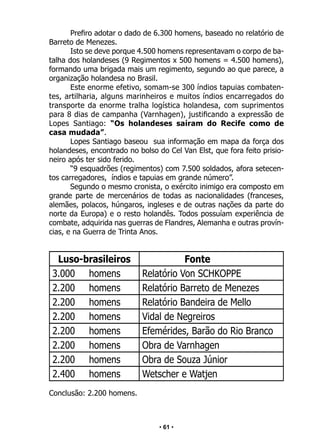 • 61 •
Prefiro adotar o dado de 6.300 homens, baseado no relatório de
Barreto de Menezes.
Isto se deve porque 4.500 homens representavam o corpo de ba-
talha dos holandeses (9 Regimentos x 500 homens = 4.500 homens),
formando uma brigada mais um regimento, segundo ao que parece, a
organização holandesa no Brasil.
Este enorme efetivo, somam-se 300 índios tapuias combaten-
tes, artilharia, alguns marinheiros e muitos índios encarregados do
transporte da enorme tralha logística holandesa, com suprimentos
para 8 dias de campanha (Varnhagen), justificando a expressão de
Lopes Santiago: “Os holandeses saíram do Recife como de
casa mudada”.
Lopes Santiago baseou sua informação em mapa da força dos
holandeses, encontrado no bolso do Cel Van Elst, que fora feito prisio-
neiro após ter sido ferido.
“9 esquadrões (regimentos) com 7.500 soldados, afora setecen-
tos carregadores, índios e tapuias em grande número”.
Segundo o mesmo cronista, o exército inimigo era composto em
grande parte de mercenários de todas as nacionalidades (franceses,
alemães, polacos, húngaros, ingleses e de outras nações da parte do
norte da Europa) e o resto holandês. Todos possuíam experiência de
combate, adquirida nas guerras de Flandres, Alemanha e outras provín-
cias, e na Guerra de Trinta Anos.
Luso-brasileiros Fonte
3.000 homens Relatório Von SCHKOPPE
2.200 homens Relatório Barreto de Menezes
2.200 homens Relatório Bandeira de Mello
2.200 homens Vidal de Negreiros
2.200 homens Efemérides, Barão do Rio Branco
2.200 homens Obra de Varnhagen
2.200 homens Obra de Souza Júnior
2.400 homens Wetscher e Watjen
Conclusão: 2.200 homens.
 