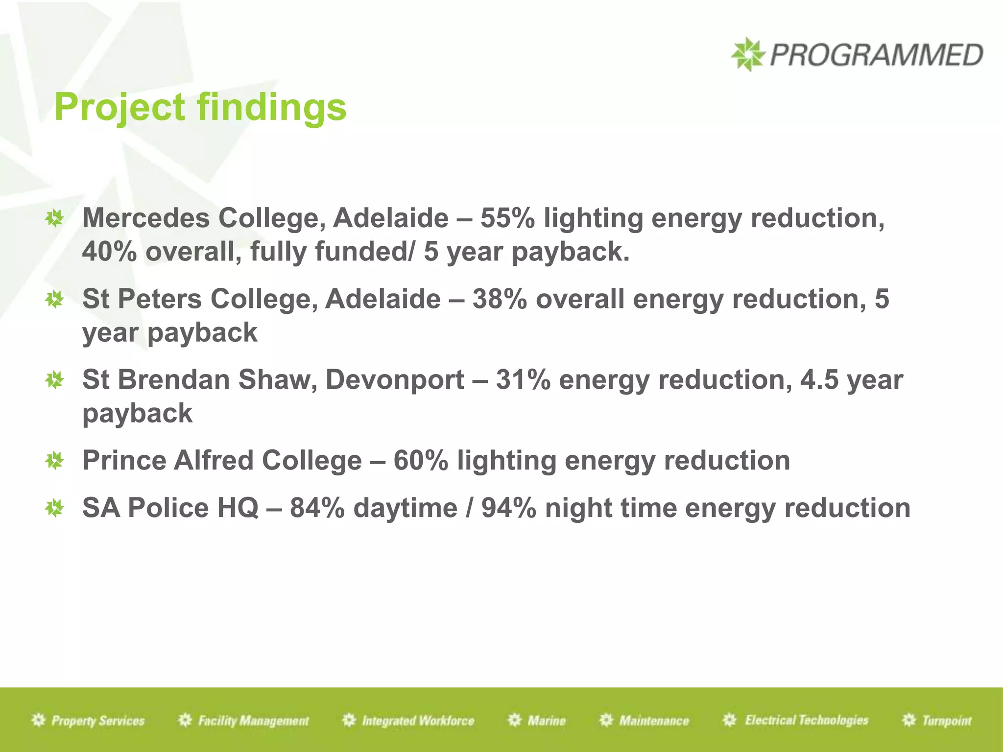 Project findings
Mercedes College, Adelaide – 55% lighting energy reduction,
40% overall, fully funded/ 5 year payback.
St Peters College, Adelaide – 38% overall energy reduction, 5
year payback
St Brendan Shaw, Devonport – 31% energy reduction, 4.5 year
payback
Prince Alfred College – 60% lighting energy reduction
SA Police HQ – 84% daytime / 94% night time energy reduction
 