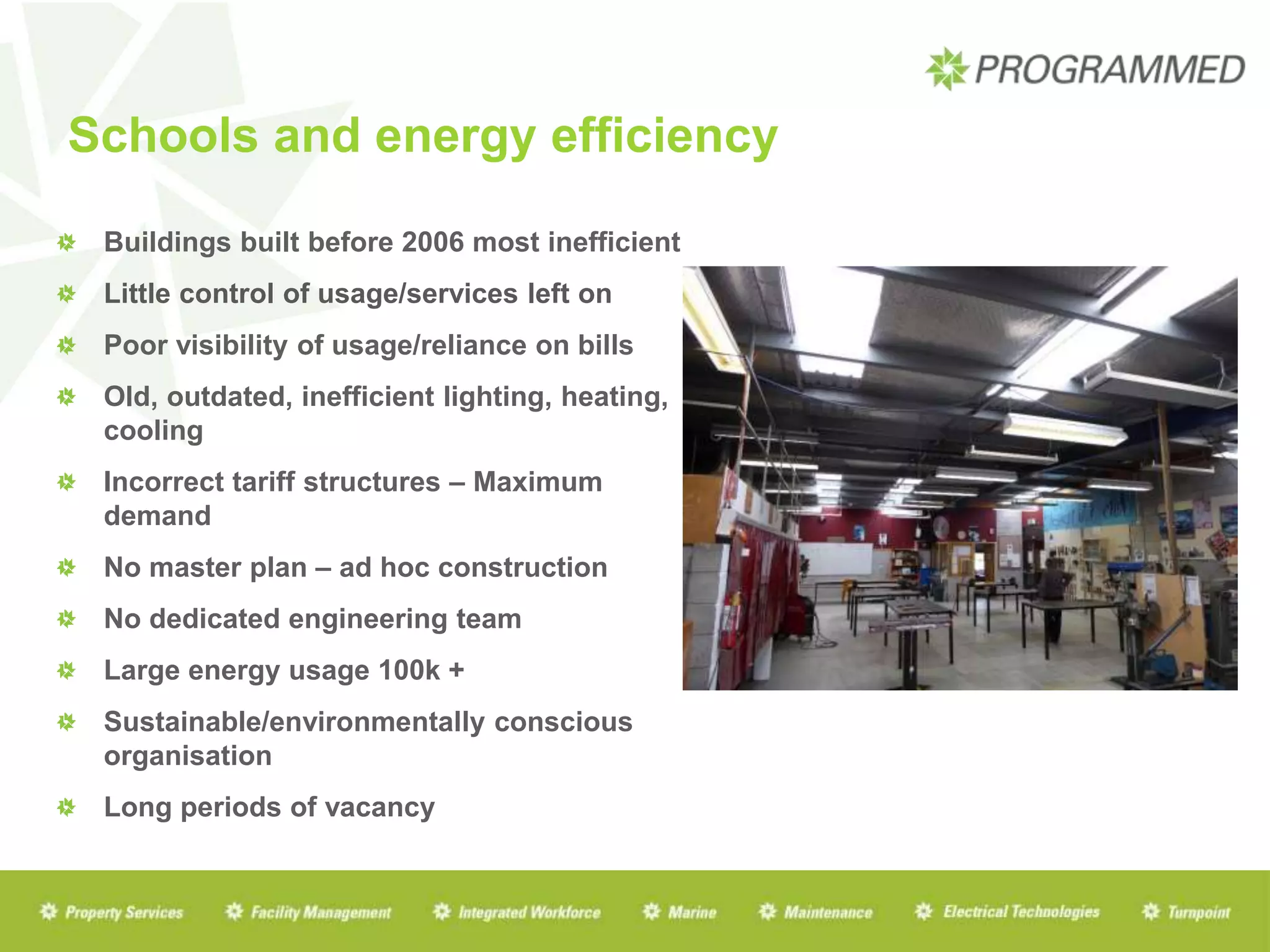 Schools and energy efficiency
Buildings built before 2006 most inefficient
Little control of usage/services left on
Poor visibility of usage/reliance on bills
Old, outdated, inefficient lighting, heating,
cooling
Incorrect tariff structures – Maximum
demand
No master plan – ad hoc construction
No dedicated engineering team
Large energy usage 100k +
Sustainable/environmentally conscious
organisation
Long periods of vacancy
 