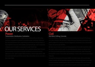 ASBUTILITYSOLUTIONS
Electrical construction in the energy industry requires technical skill, clarity
and focus unparalleled to general construction project standards.Tolerances
are small and deviations from engineering requirements are not permitted, so
true expertise is essential. Due to liability and exposure risks, most construction
companies are not eligible to participate in project build-outs.
ASB has proven our technical acumen to our customers without fault.Through
an unwavering commitment to provide exceptional construction services
delivered on time, within budget while exceeding customer expectations, ASB
has positioned itself as one of the only turnkey construction services provider in
the United States.
From our inception, ASB has provided concrete construction services to the energy
and utility industries.We specialize in deep drilled pier foundation construction and
pad foundations for substation electrical equipment, transmission lines, wind turbine
towers and power plant facilities.
We have a proven track record in providing specialized construction services to meet
our client’s environmental needs. Our site work expertise allows us to partner with
our clients to provide access road construction and maintenance, right of way prep,
earthwork for turbine construction and installation of storm water pollution prevention
measures.
Through Best Management Practices (BMP’s) and skilled crews, ASB ensures every
project complies with all applicable regulations. Our crews are well adept at working
in environmentally sensitive areas as well as routine landscapes.The know-how and
strength of our teams ensures a safe, timely and quality product on every project.
Power
Transmission, Distribution, Substation
Civil
SiteWork, Drilling, Concrete
 