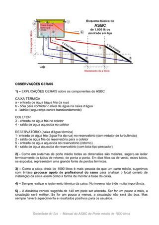 OBSERVAÇÕES GERAIS

1) – EXPLICAÇÕES GERAIS sobre os componentes do ASBC

CAIXA TÉRMICA
a - entrada de água (água fria da rua)
b - bóia para controlar o nível de água na caixa d’água
c - ladrão (segurança contra transbordamento)

COLETOR
3 - entrada de água fria no coletor
4 - saída de água aquecida no coletor

RESERVATÓRIO (caixa d’água térmica)
1- entrada de água fria (água fria da rua) no reservatório (com redutor de turbulência)
2 - saída de água fria do reservatório para o coletor
5 - entrada de água aquecida no reservatório (retorno)
6 - saída de água aquecida do reservatório (com bóia tipo pescador)

2) - Como em sistemas de porte médio todas as dimensões são maiores, sugere-se isolar
termicamente os tubos de retorno, de ponta a ponta. Em dias frios ou de vento, estes tubos,
se expostos, representam uma grande fonte de perdas térmicas.

3) – Como a caixa cheia de 1000 litros é mais pesada do que um carro médio, sugerimos
com ênfase procurar apoio de profissional do ramo para analisar o local correto de
instalação da caixa assim como a forma de montar a base da caixa.

4) – Sempre realizar o isolamento térmico da caixa. No inverno isto é de muita importância.

5) – A distância vertical sugerida de 140 cm pode ser alterada. Ser for um pouco a mais, a
circulação será melhor. Se for um pouco a menos, a circulação não será tão boa. Mas
sempre haverá aquecimento e resultados positivos para os usuários.



            Sociedade do Sol - Manual do ASBC de Porte médio de 1000 litros
 