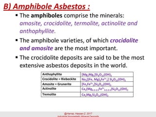 B) Amphibole Asbestos :
▪ The amphiboles comprise the minerals:
amosite, crocidolite, termolite, actinolite and
anthophyllite.
▪ The amphibole varieties, of which crocidolite
and amosite are the most important.
▪ The crocidolite deposits are said to be the most
extensive asbestos deposits in the world.
Anthophyllite [Mg2Mg5]Si8O22(OH)2
Crocidolite = Riebeckite Na2[(Fe, Mg)3Fe3+
2] Si8O22(OH)2
Amosite = Grunerite [Fe2Fe2+
5]Si8O22(OH)2
Actinolite Ca2(Mg4.5-2.5Fe2+
0.5-2.5)Si8O22(OH)2
Tremolite Ca2Mg5Si8O22(OH)2
 