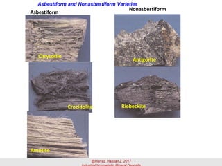 Asbestiform
Nonasbestiform
Chrysotile
Antigorite
Crocidolite Riebeckite
Amosite
Asbestiform and Nonasbestiform Varieties
 
