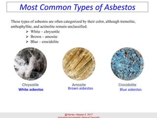 Most Common Types of Asbestos
White asbestos Brown asbestos Blue asbestos
These types of asbestos are often categorized by their color, although tremolite,
anthophyllite, and actinolite remain unclassified.
➢ White – chrysotile
➢ Brown – amosite
➢ Blue – crocidolite
 