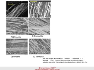 A) Chrysotile
Ref: SEM Images: Kusiorowski, R., Zaremba, T., Piotrowski, J., &
Adamek, J. (2012). Thermal decomposition of different types of
asbestos. Journal of thermal analysis and calorimetry, 109(2), 693-704
B) Crocidolite
D) TremoliteC) Amosite
 