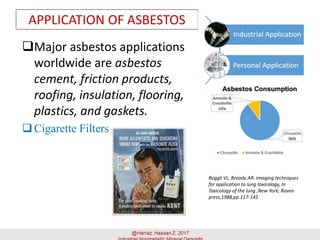 APPLICATION OF ASBESTOS
Roggli VL, Broody AR: Imaging techniques
for application to lung toxicology, In
Toxicology of the lung ,New York; Raven
press,1988,pp.117-145
Major asbestos applications
worldwide are asbestos
cement, friction products,
roofing, insulation, flooring,
plastics, and gaskets.
Cigarette Filters
 