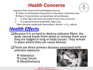 Health Effects
Because it is so hard to destroy asbestos fibers, the
body cannot break them down or remove them once
they are lodged in lung or body tissues. They remain
in place where they can cause disease.
There are three primary diseases associated with
asbestos exposure:
❖Asbestosis
❖Lung Cancer
❖Mesothelioma
Exposure from natural and technological sources:
❖ Fibers >5 micrometers long remain in the lower respiratory tract.
❖ Fibers <3 micrometers can penetrate cell membranes.
➢ In time, Mg is lost from chrysotile to form silica structures
➢ Fe is gained around amphiboles, Mg is lost.
Fibers become coated with hemosiderin, ferritin. => O2
- radicals
Health Concerns
 