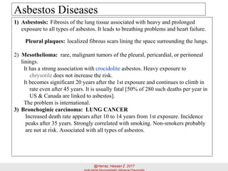 Asbestos Diseases
1) Asbestosis: Fibrosis of the lung tissue associated with heavy and prolonged
exposure to all types of asbestos. It leads to breathing problems and heart failure.
Pleural plaques: localized fibrous scars lining the space surrounding the lungs.
2) Mesothelioma: rare, malignant tumors of the pleural, pericardial, or peritoneal
linings.
It has a strong association with crocidolite asbestos. Heavy exposure to
chrysotile does not increase the risk.
It becomes significant 20 years after the 1st exposure and continues to climb in
rate even after 45 years. It is usually fatal [50% of 280 such deaths per year in
US & Canada are linked to asbestos].
The problem is international.
3) Bronchoginic carcinoma: LUNG CANCER
Increased death rate appears after 10 to 14 years from 1st exposure. Incidence
peaks after 35 years. Strongly correlated with smoking. Non-smokers probably
are not at risk. Associated with all types of asbestos.
 
