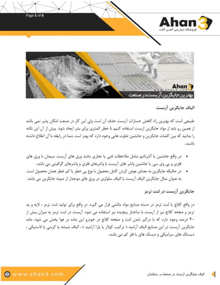 Page 5 of 6
‫الیاف‬‫در‬ ‫آزبست‬ ‫جایگزین‬‫ساختمان‬ ‫و‬ ‫صنعت‬
‫آزبست‬ ‫جایگزین‬ ‫الیاف‬
‫نمی‬ ‫پذیر‬ ‫امکان‬ ‫صنعت‬ ‫در‬ ‫کار‬ ‫این‬ ‫ولی‬ ‫است‬ ‫آن‬ ‫حذف‬ ‫آزبست‬ ‫خسارات‬ ‫کاهش‬ ‫راه‬ ‫بهترین‬ ‫که‬ ‫است‬ ‫طبیعی‬‫باشد‬
‫پیش‬ .‫شود‬ ‫ایجاد‬ ‫بشر‬ ‫برای‬ ‫کمتری‬ ‫خطر‬ ‫تا‬ ‫کنیم‬ ‫استفاده‬ ‫ازبست‬ ‫جایگزین‬ ‫مواد‬ ‫از‬ ‫باید‬ ‫رو‬ ‫همین‬ ‫از‬‫نکته‬ ‫این‬ ‫آن‬ ‫از‬
‫ب‬ ‫رابطه‬ ‫در‬ ‫شما‬ ‫است‬ ‫بهتر‬ ‫که‬ ‫دارد‬ ‫وجود‬ ‫هایی‬ ‫تفاوت‬ ‫جانشین‬ ‫و‬ ‫جایگزین‬ ‫کلمات‬ ‫بین‬ ‫که‬ ‫بدانید‬ ‫را‬‫داشته‬ ‫اطالع‬ ‫آن‬ ‫ا‬
‫باشید‬.
‫مالحظات‬ ‫شامل‬ ‫آلترناتیو‬ ‫یا‬ ‫جانشین‬ ‫واقع‬ ‫در‬‫با‬ ‫سیمان‬ ‫آزبست‬ ‫های‬ ‫ورق‬ ‫مانند‬ ‫تجاری‬ ‫یا‬ ‫فنی‬‫های‬ ‫ورق‬
‫باشد‬ ‫می‬ ‫گرافیتی‬ ‫واشرهای‬ ‫و‬ ‫فلزی‬ ‫واشرهای‬ ‫با‬ ‫آزبست‬ ‫های‬ ‫واشر‬ ‫جانشین‬ ‫یا‬ ‫سی‬ ‫وی‬ ‫پی‬ ‫و‬ ‫فلزی‬.
‫محصول‬ ‫همان‬ ‫خطر‬ ‫کم‬ ‫یا‬ ‫خطر‬ ‫بی‬ ‫نوع‬ ‫با‬ ‫محصول‬ ‫کامل‬ ‫کردن‬ ‫عوض‬ ‫معنای‬ ‫به‬ ‫جایگزین‬ ‫حالیکه‬ ‫در‬‫ا‬.‫ست‬
‫جایگز‬ ‫نمونه‬ ‫از‬ ‫موجدار‬ ‫های‬ ‫ورق‬ ‫در‬ ‫سلولزی‬ ‫الیاف‬ ‫با‬ ‫آزبست‬ ‫الیاف‬ ‫جایگزین‬ ‫مثال‬ ‫عنوان‬ ‫به‬‫باشد‬ ‫می‬ ‫ین‬.
‫ترمز‬ ‫لنت‬ ‫در‬ ‫آزبست‬ ‫جایگزین‬
‫مالشی‬ ‫مواد‬ ‫صنایع‬ ‫دسته‬ ‫در‬ ‫ترمز‬ ‫لنت‬ ‫یا‬ ‫کالچ‬ ‫واقع‬ ‫در‬‫لنت‬ ‫تولید‬ ‫برای‬ ‫واقع‬ ‫در‬ .‫گیرد‬ ‫می‬ ‫قرار‬‫ت‬‫پد‬ ‫و‬ ‫الیه‬ ، ‫رمز‬
‫به‬ ‫ترمز‬ ‫لنت‬ ‫در‬ ‫آزبست‬ .‫شود‬ ‫می‬ ‫استفاده‬ ‫نیز‬ ‫پیچیده‬ ‫ساختار‬ ‫با‬ ‫آزبست‬ ‫از‬ ‫نیز‬ ‫کالچ‬ ‫صفحه‬ ‫و‬ ‫ترمز‬‫از‬ ‫بیش‬ ‫میزان‬
۴۰.‫شود‬ ‫می‬ ‫پخش‬ ‫هوا‬ ‫در‬ ‫ماده‬ ‫این‬ ‫خودرو‬ ‫در‬ ‫کالچ‬ ‫صفحه‬ ‫و‬ ‫لنت‬ ‫شدن‬ ‫درگیر‬ ‫با‬ ‫که‬ ‫دارد‬ ‫وجود‬ ‫درصد‬‫م‬‫اده‬
‫جایگزین‬‫یا‬ ‫شیشه‬ ‫الیاف‬ ، ) ‫آرامید‬ ‫پارا‬ ‫یا‬ ‫کوالر‬ ‫ترکیب‬ ( ‫آرامید‬ ‫الیاف‬ ‫صنایع‬ ‫این‬ ‫در‬ ‫آزبست‬‫ک‬، ‫الستیکی‬ ‫یا‬ ‫ربنی‬
‫باشد‬ ‫می‬ ‫کم‬ ‫فلز‬ ‫با‬ ‫های‬ ‫دیسک‬ ‫و‬ ‫سرامیکی‬ ‫های‬ ‫دیستک‬.
 