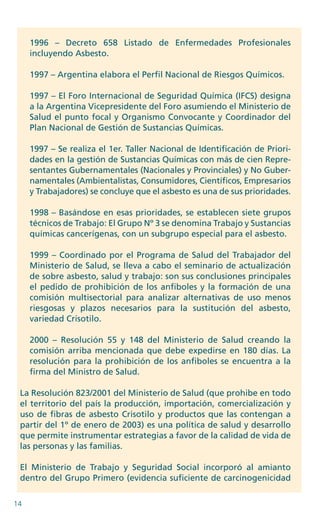 14
1996 – Decreto 658 Listado de Enfermedades Profesionales
incluyendo Asbesto.
1997 – Argentina elabora el Perfil Nacional de Riesgos Químicos.
1997 – El Foro Internacional de Seguridad Química (IFCS) designa
a la Argentina Vicepresidente del Foro asumiendo el Ministerio de
Salud el punto focal y Organismo Convocante y Coordinador del
Plan Nacional de Gestión de Sustancias Químicas.
1997 – Se realiza el 1er. Taller Nacional de Identificación de Priori-
dades en la gestión de Sustancias Químicas con más de cien Repre-
sentantes Gubernamentales (Nacionales y Provinciales) y No Guber-
namentales (Ambientalistas, Consumidores, Científicos, Empresarios
y Trabajadores) se concluye que el asbesto es una de sus prioridades.
1998 – Basándose en esas prioridades, se establecen siete grupos
técnicos de Trabajo: El Grupo Nº 3 se denomina Trabajo y Sustancias
químicas cancerígenas, con un subgrupo especial para el asbesto.
1999 – Coordinado por el Programa de Salud del Trabajador del
Ministerio de Salud, se lleva a cabo el seminario de actualización
de sobre asbesto, salud y trabajo: son sus conclusiones principales
el pedido de prohibición de los anfiboles y la formación de una
comisión multisectorial para analizar alternativas de uso menos
riesgosas y plazos necesarios para la sustitución del asbesto,
variedad Crisotilo.
2000 – Resolución 55 y 148 del Ministerio de Salud creando la
comisión arriba mencionada que debe expedirse en 180 días. La
resolución para la prohibición de los anfiboles se encuentra a la
firma del Ministro de Salud.
La Resolución 823/2001 del Ministerio de Salud (que prohibe en todo
el territorio del país la producción, importación, comercialización y
uso de fibras de asbesto Crisotilo y productos que las contengan a
partir del 1º de enero de 2003) es una política de salud y desarrollo
que permite instrumentar estrategias a favor de la calidad de vida de
las personas y las familias.
El Ministerio de Trabajo y Seguridad Social incorporó al amianto
dentro del Grupo Primero (evidencia suficiente de carcinogenicidad
 