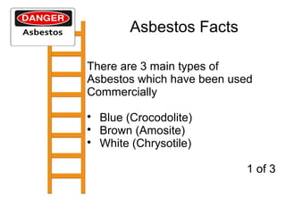 Asbestos Facts
There are 3 main types of
Asbestos which have been used
Commercially




Blue (Crocodolite)
Brown (Amosite)
White (Chrysotile)
1 of 3

 