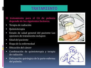 TRATAMIENTO

El tratamiento para el CA de pulmón
   depende de los siguientes factores:
 Terapia de radiación
 Quimioterapia
 Estado de salud general del paciente Las
   opciones de tratamiento incluyen:
 Edad del paciente
 Etapa de la enfermedad
 Ubicación del cáncer
 Combinación de quimioterapia y terapia
   de radiación
 Extirpación quirúrgica de la parte enferma
   del pulmón.
 