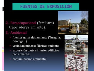 FUENTES DE EXPOSICIÓN


2.- Paraocupacional (familiares
   trabajadores amianto).
3.- Ambiental
   fuentes naturales amianto (Turquía,
    Córcega…).
   vecindad minas o fábricas amianto
   exposición pasiva interior edificios
    con amianto.
   contaminación ambiental.
 