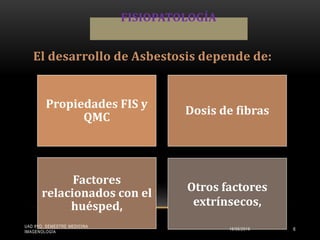FISIOPATOLOGÍA
El desarrollo de Asbestosis depende de:
Propiedades FIS y
QMC
Dosis de fibras
Factores
relacionados con el
huésped,
Otros factores
extrínsecos,
UAD 8VO. SEMESTRE MEDICINA
IMAGENOLOGÍA
15/05/2015 6
 