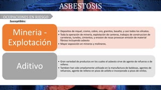 ASBESTOSIS
• Depositos de niquel, cromo, cobre, oro, granitos, basalto, y casi todos los silicatos.
• Toda la operación de minería, explotación de canteras, trabajos de construccion de
carreteras, tuneles, cimientos, y erosion de rocas provocan emisión de material
fibroso incluyendo asbesto
• Mayor exposición en mineros y molineros.
Mineria -
Explotación
• Gran variedad de productos en los cuales el asbesto sirve de agente de refuerzo o de
relleno.
• Tambien han sido ampliamente utilizado en la manufactura de baldosas, agentes de
refuerzos, agente de relleno en pisos de asfalto e incorporado a pisos de vinilos.
Aditivo
OCUPACIONES EN RIESGO
Susceptibles:
 
