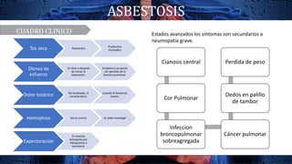 ASBESTOSIS
CUADRO CLINICO
Tos seca Paroxistica
Productiva
(Fumador)
Disnea de
esfuerzo
15 años o después
de iniciar la
exposición.
Empeora y se asocia
con perdida de la
función pulmonar.
Dolor torácico No localizado, ni
característico.
Cuando la Disnea es
severa.
Hemoptisis No es común Se debe investigar
Expectoración
Si coexiste
bronquitis por
tabaquismo o
neumonía.
Cianosis central
Cor Pulmonar
Infeccion
broncopulmonar
sobreagregada
Cáncer pulmonar
Dedos en palillo
de tambor
Perdida de peso
Estados avanzados los sintomas son secundarios a
neumopatia grave.
 