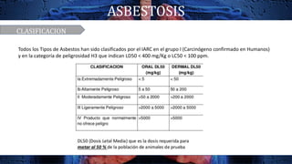 ASBESTOSIS
CLASIFICACION
Todos los Tipos de Asbestos han sido clasificados por el IARC en el grupo I (Carcinógeno confirmado en Humanos)
y en la categoría de peligrosidad H3 que indican LD50 < 400 mg/Kg o LC50 < 100 ppm.
 